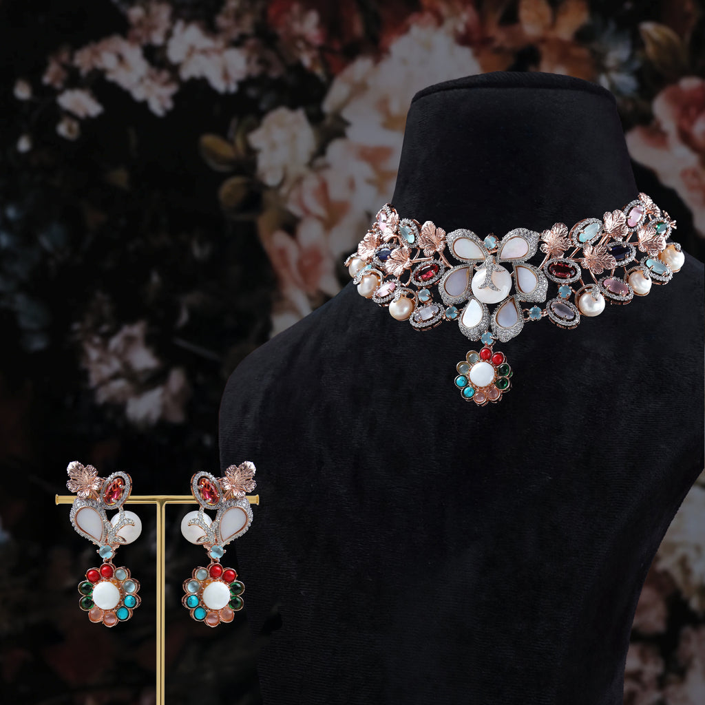Navya Floral Gemstone Necklace Set