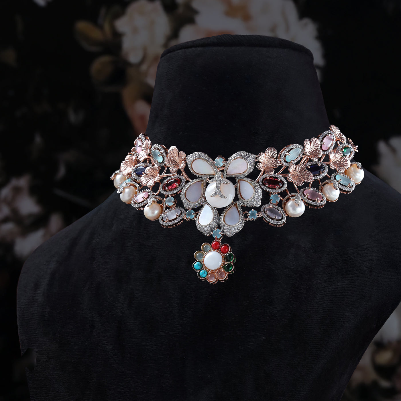 Navya Floral Gemstone Necklace Set